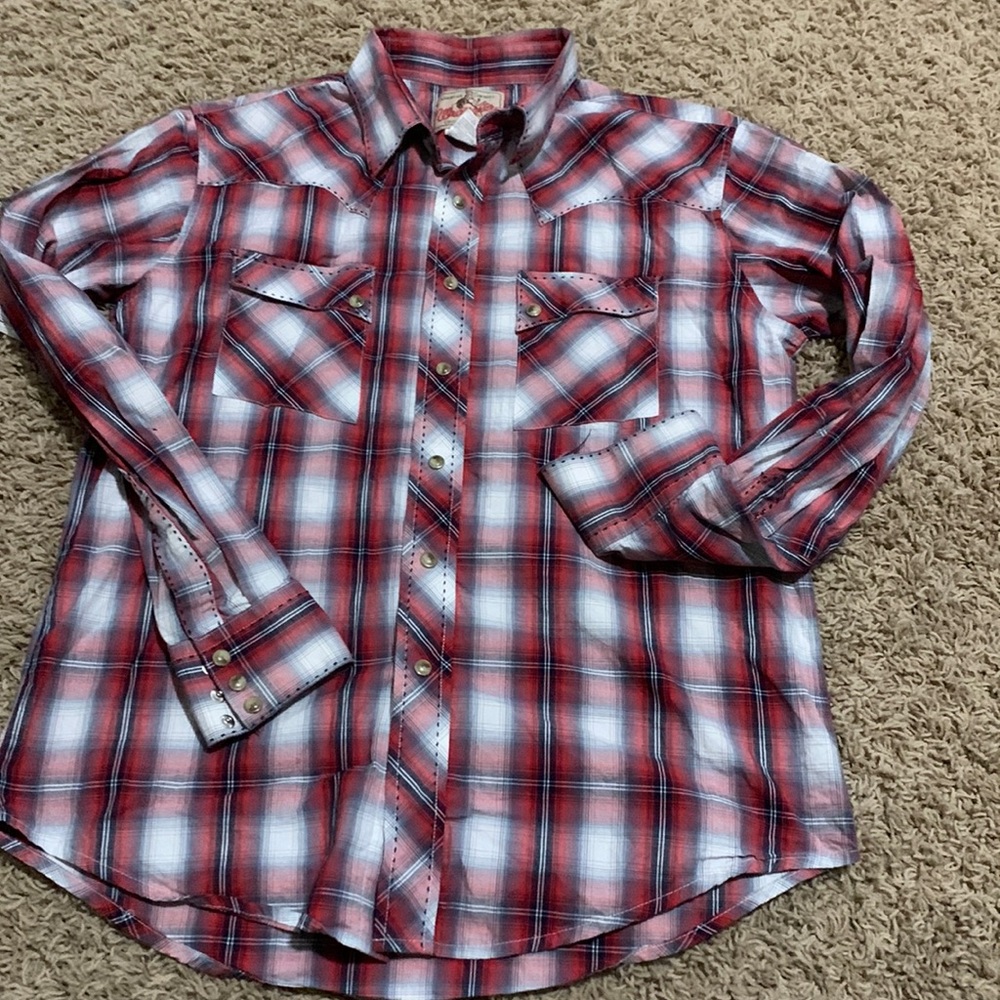 Men’s Wrangler Medium M western Cowboy Plaid Button Down Shirt Red Blue White